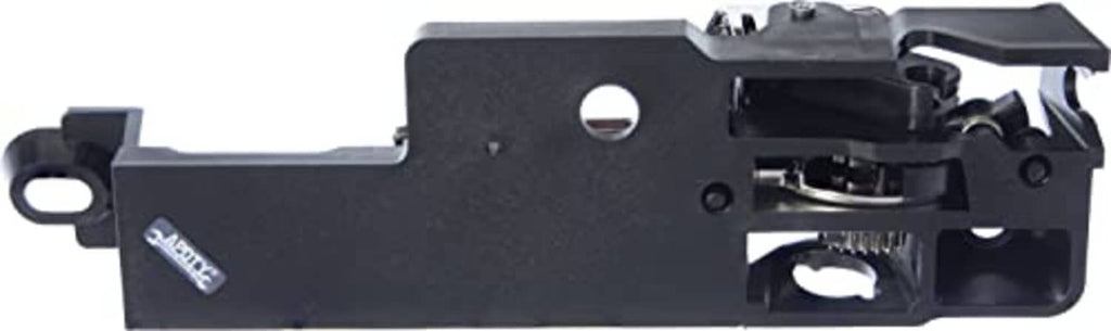 Interior door handle mechanism side view with black plate, screw holes, and chrome latch