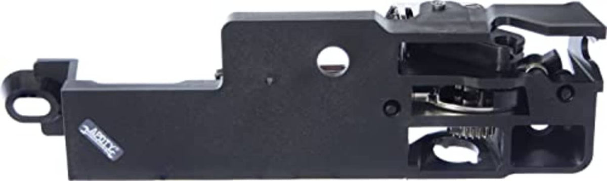 Interior door handle mechanism side view with black plate, screw holes, and chrome latch