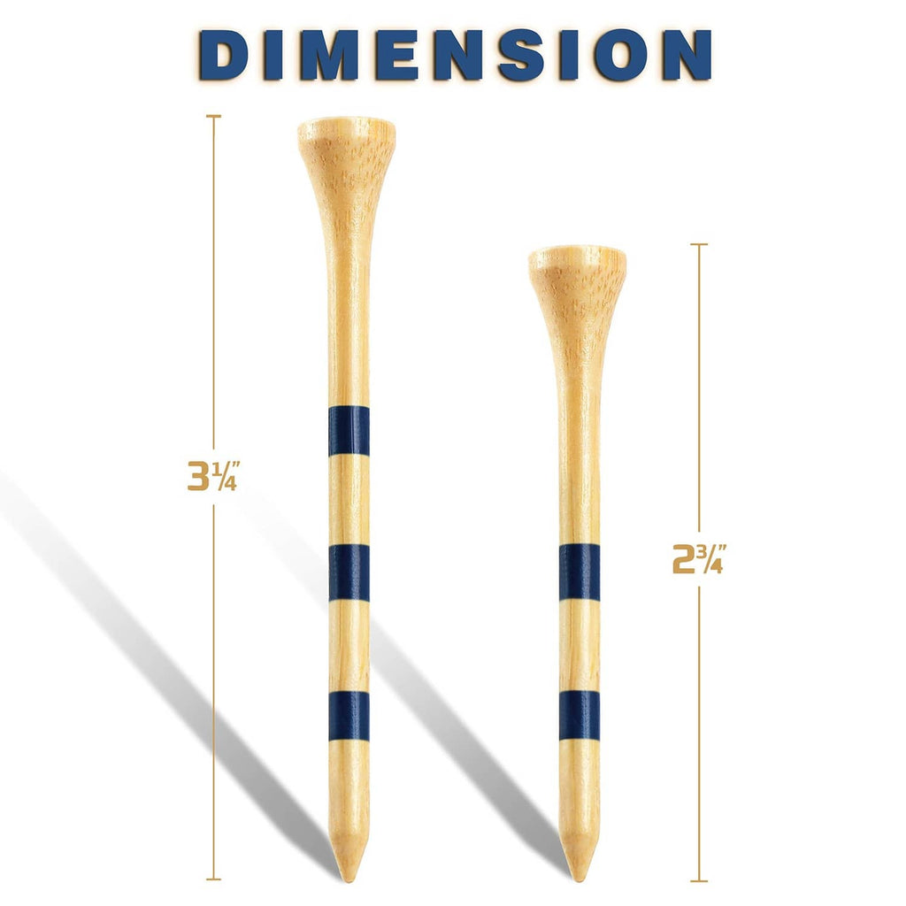Bamboo golf tees with blue stripe bands and size measurements, two tee heights shown