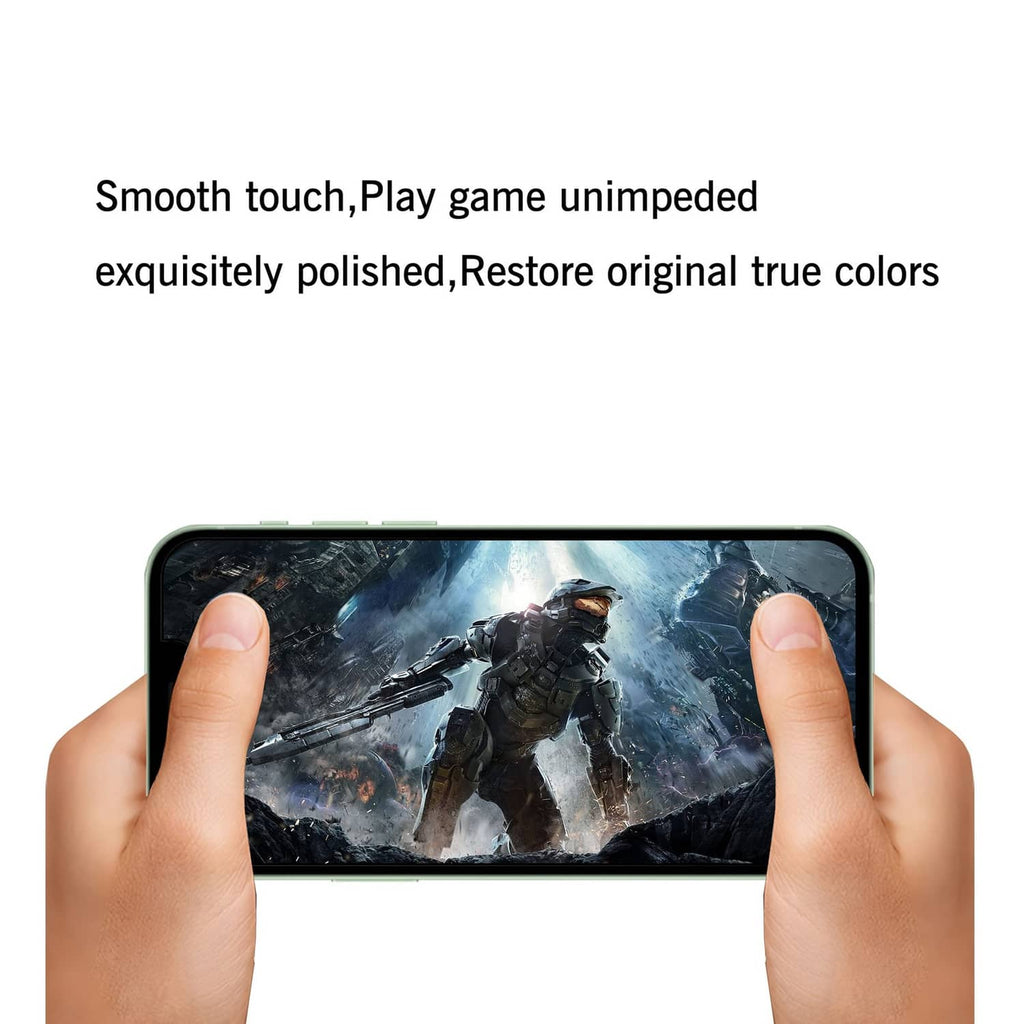 Tempered glass screen protector applied to iPhone screen, hands holding device by edges