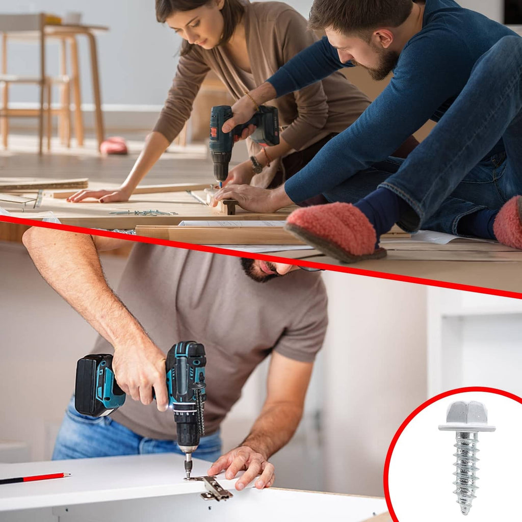 Power drill driving a white gutter screw into wood, close-up
