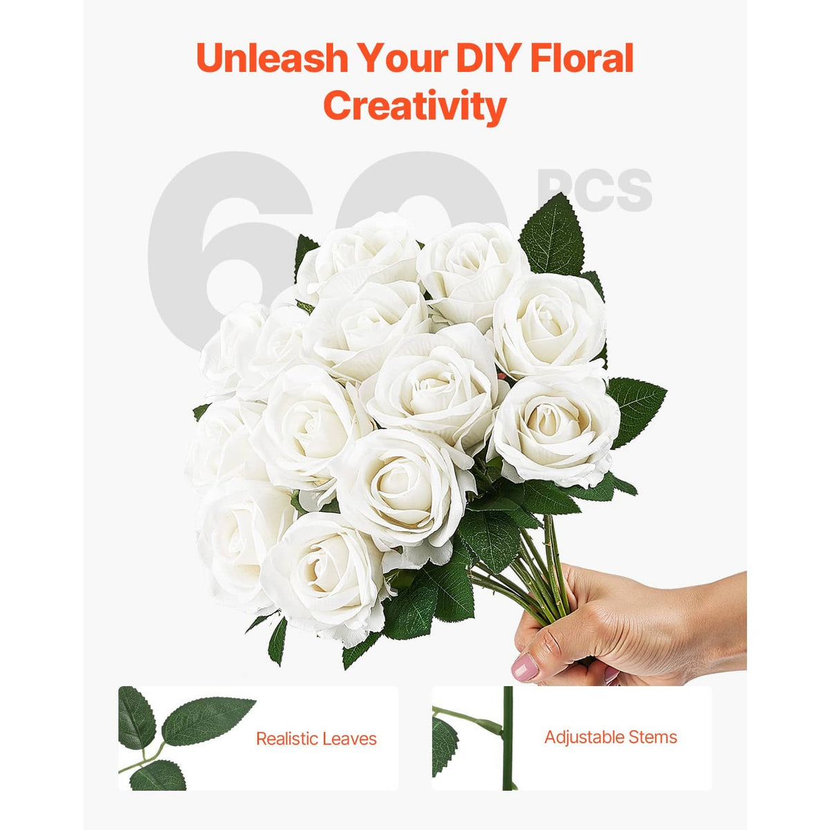 DIY-style white artificial rose bouquet with green leaves held by stems