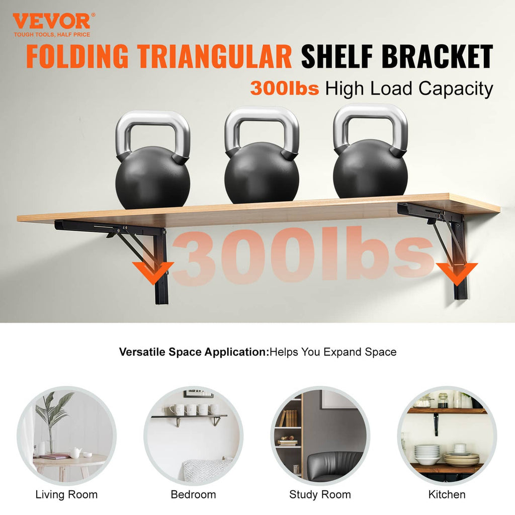 Folding triangular shelf bracket with black kettlebell weight-capacity graphics