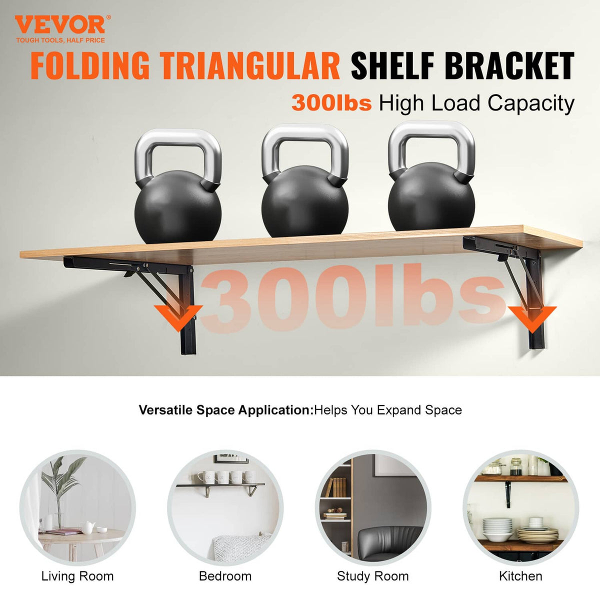 Folding triangular shelf bracket with black kettlebell weight-capacity graphics