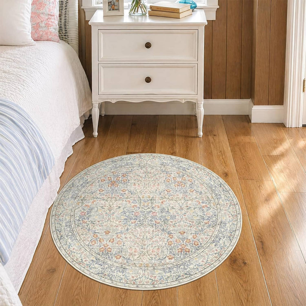 Round blue beige floral rug with ornate border, 3 ft size.
