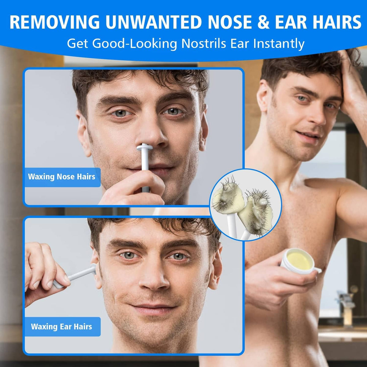 Nose and ear wax kit with white applicator, wax pot, and hair removal wipes