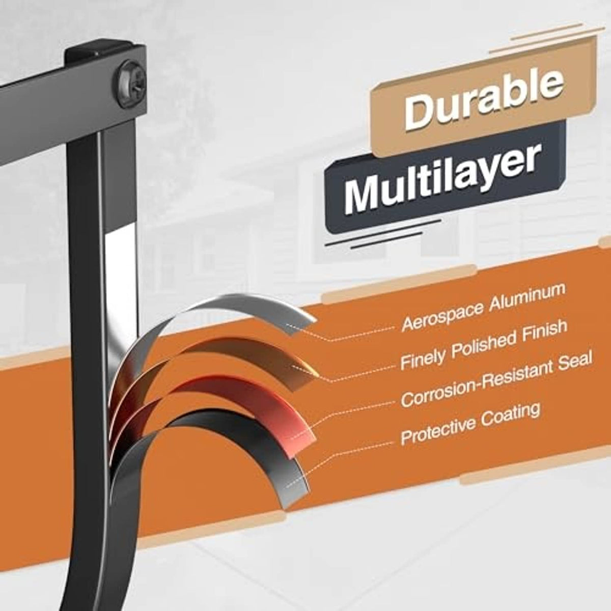 Black metal hose hanger frame with curved cradle and protective coating detail