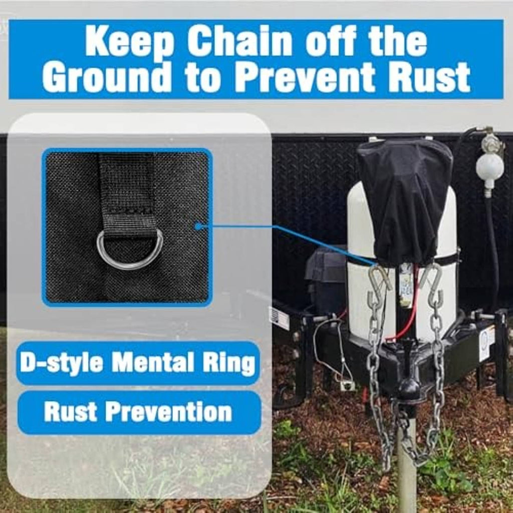 Black RV electric tongue jack cover with D-ring mounting attachment for rust prevention