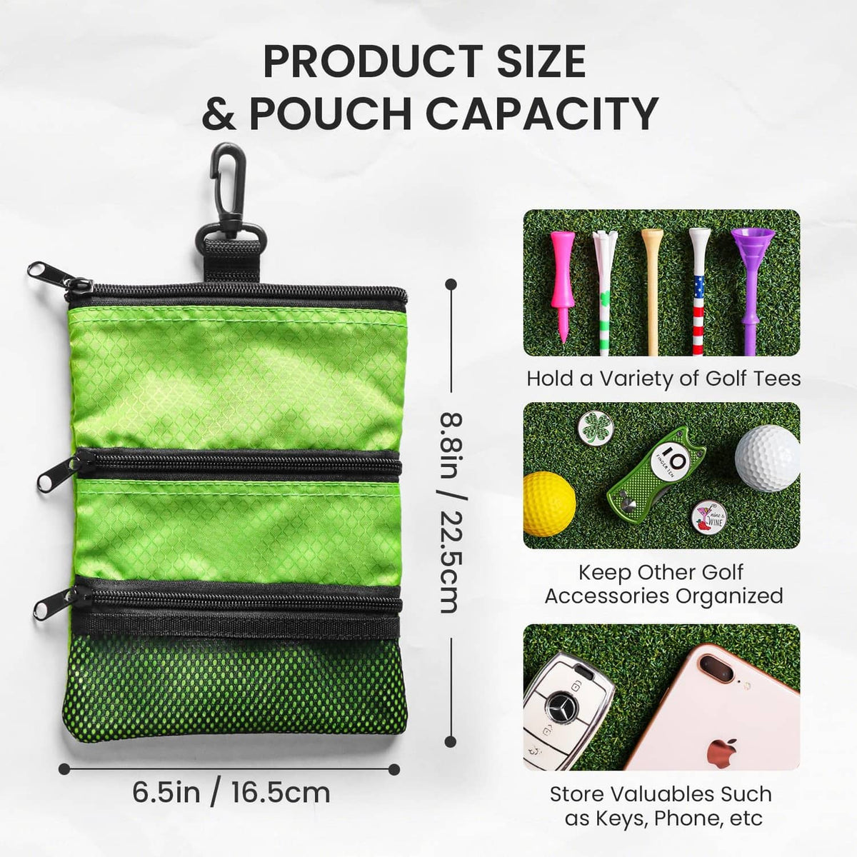 Green golf pouch bag size view with three compartments for tees, balls, and valuables