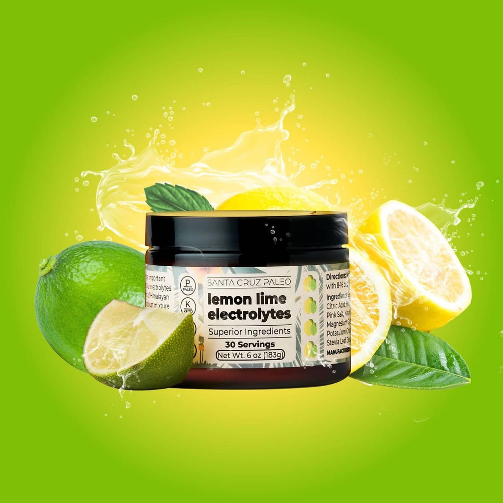 Santa Cruz Paleo lemon lime electrolyte powder jar with lemons and limes