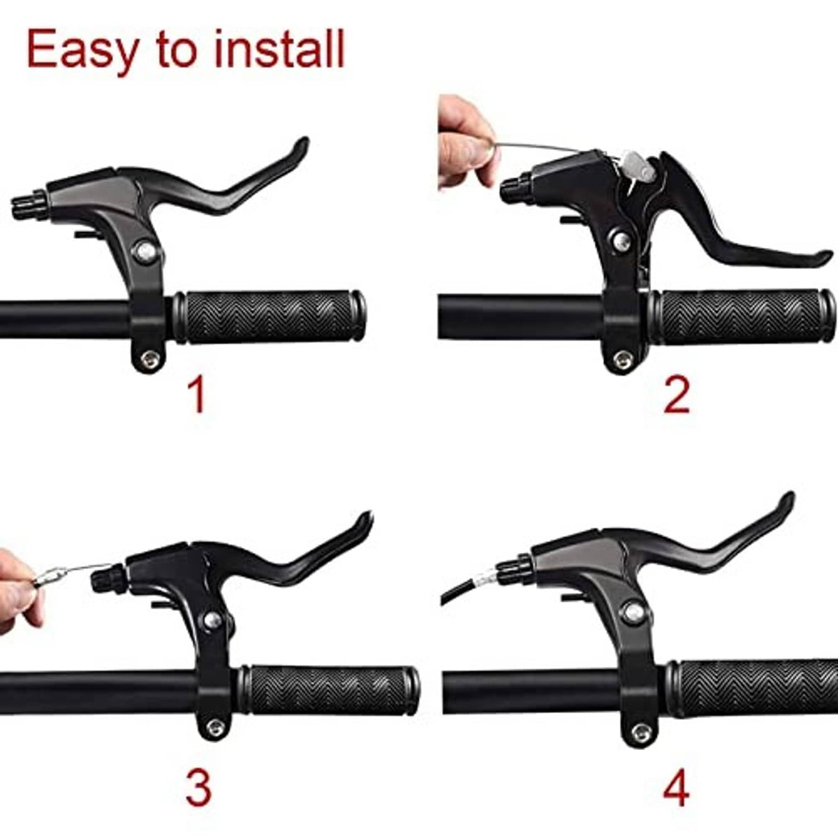 Bicycle brake levers shown being installed on handlebars with brake cable attached
