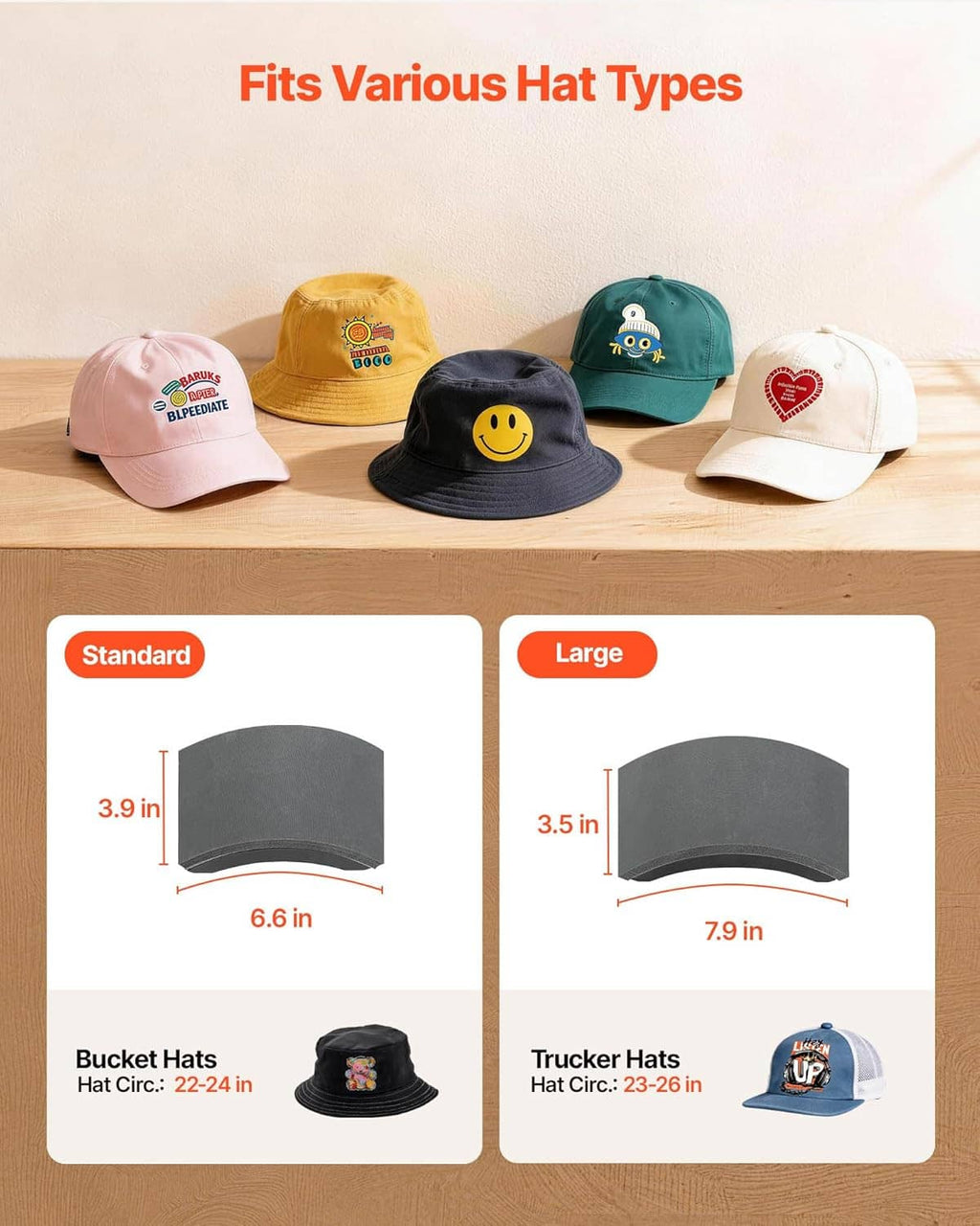 Assorted printed caps for hat heat press, bucket and trucker style shapes