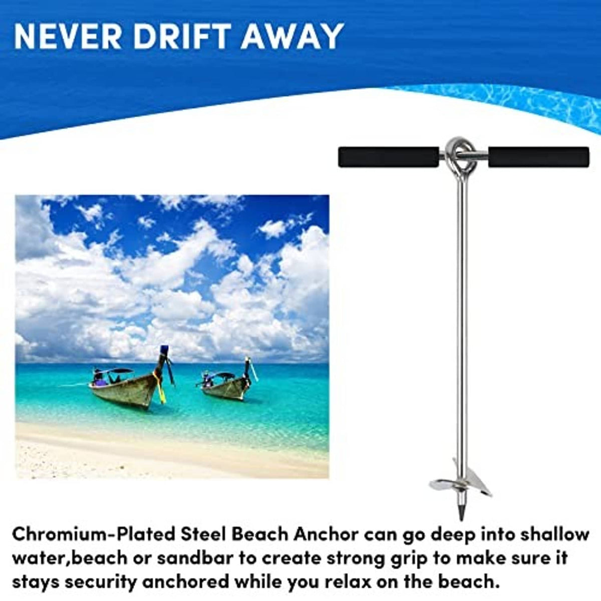 Chromium-plated beach sand anchor with black cross handles and pointed auger spike