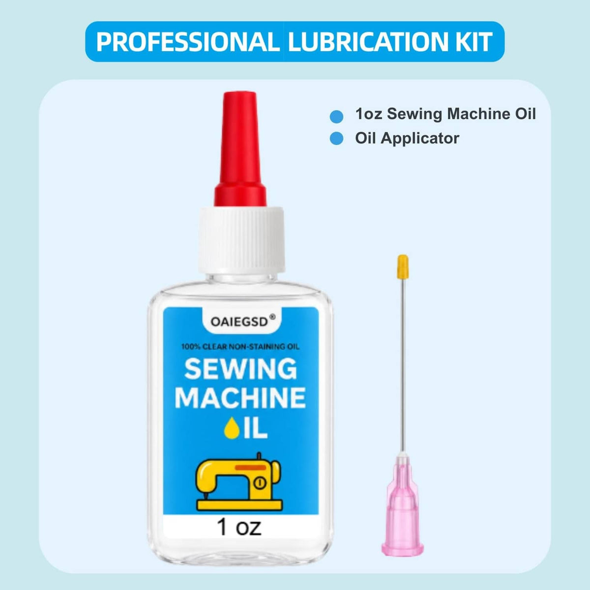 Professional lubrication kit with clear sewing machine oil bottle and oil applicator