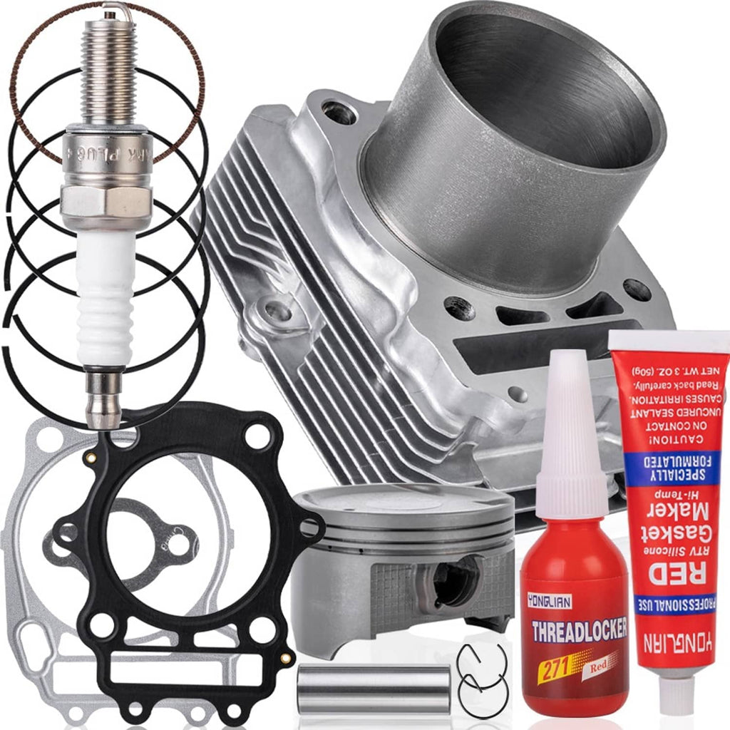 Cylinder block close-up with piston, gaskets, and threadlocker glue bottle