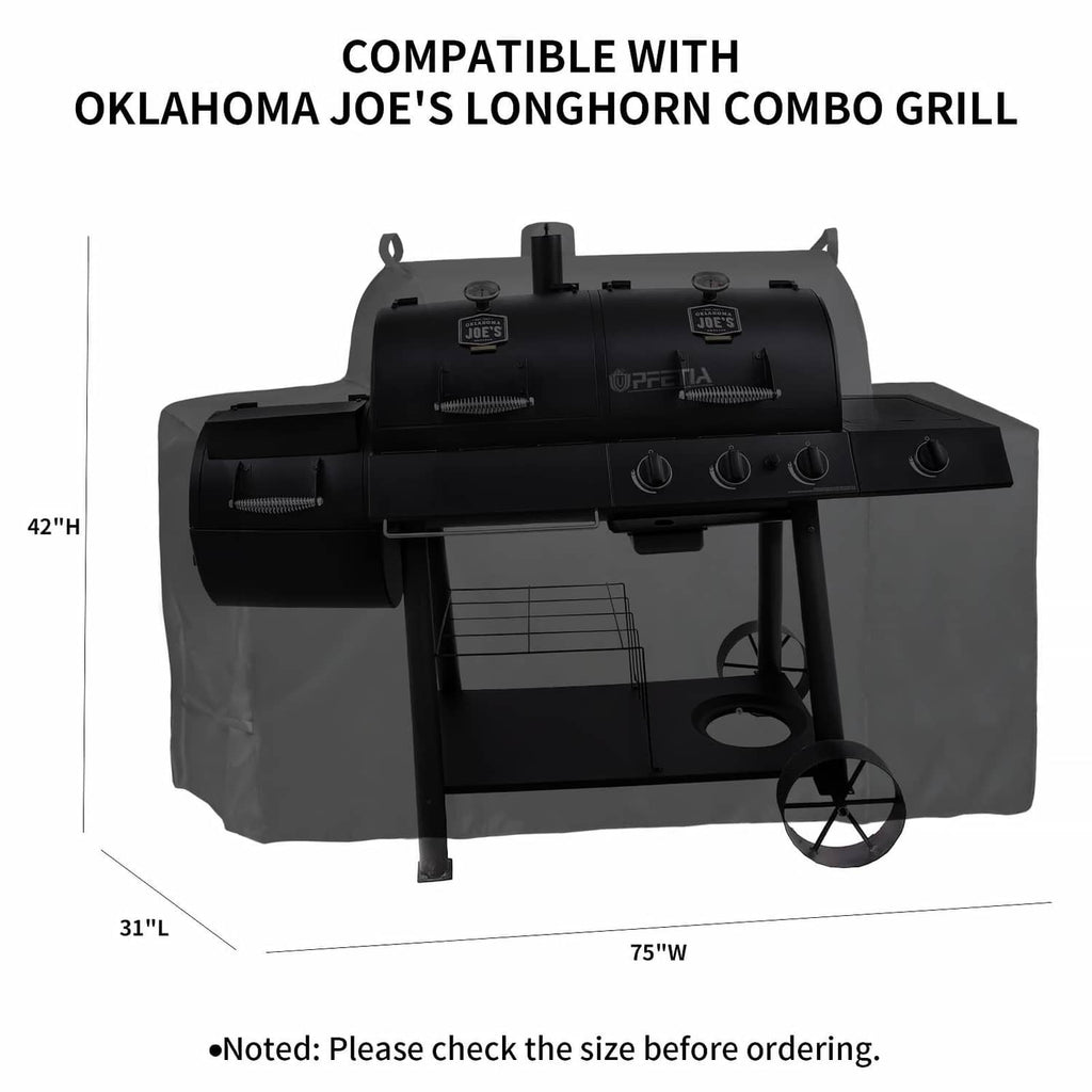 Black grill cover for combo smoker, front view with handle loop and side openings