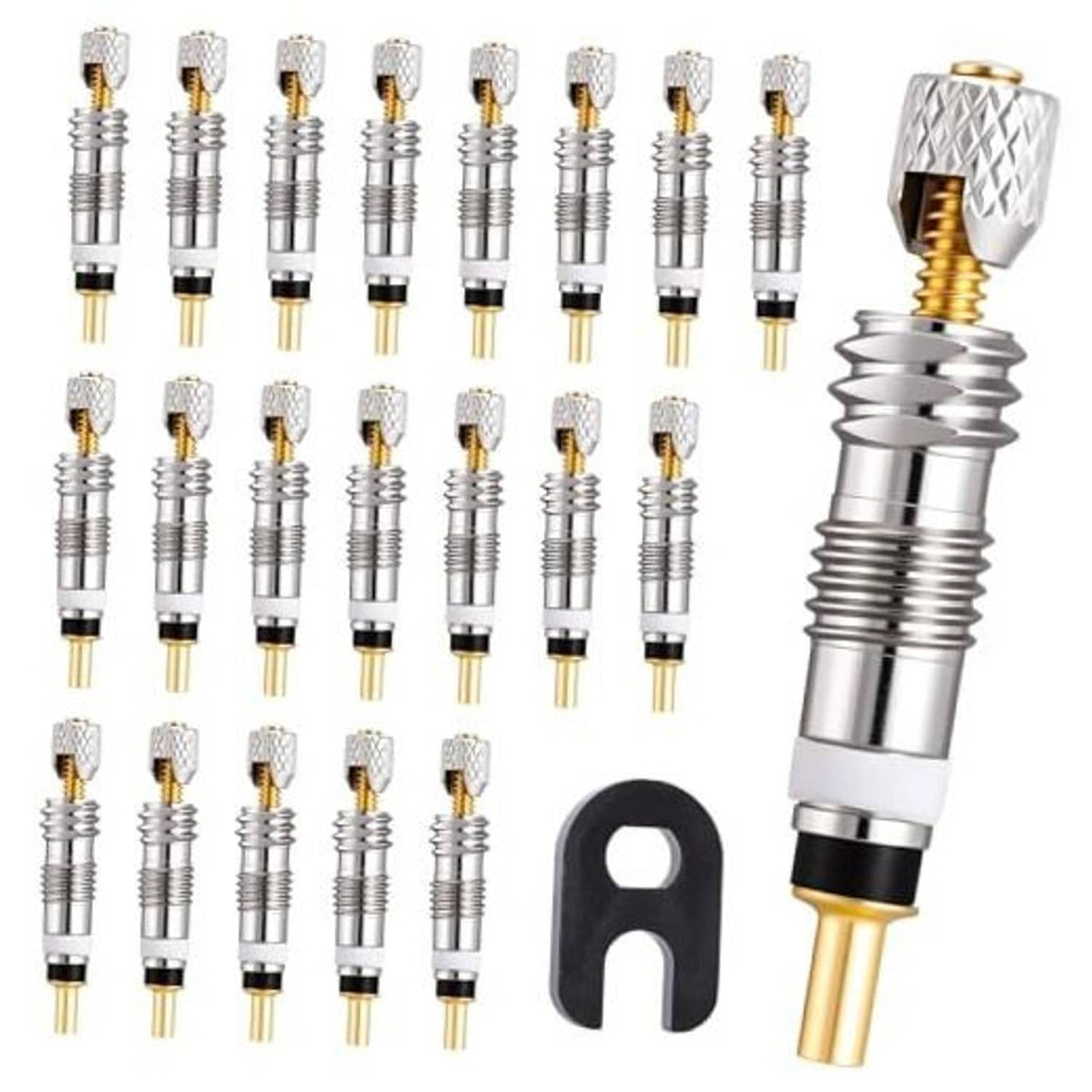 Brass Presta valve core and stem set, multiple chrome pieces with gold ends