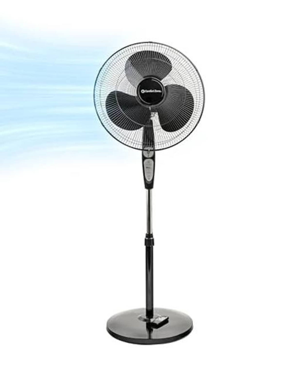 Black oscillating pedestal fan with circular mesh grille on tall stand
