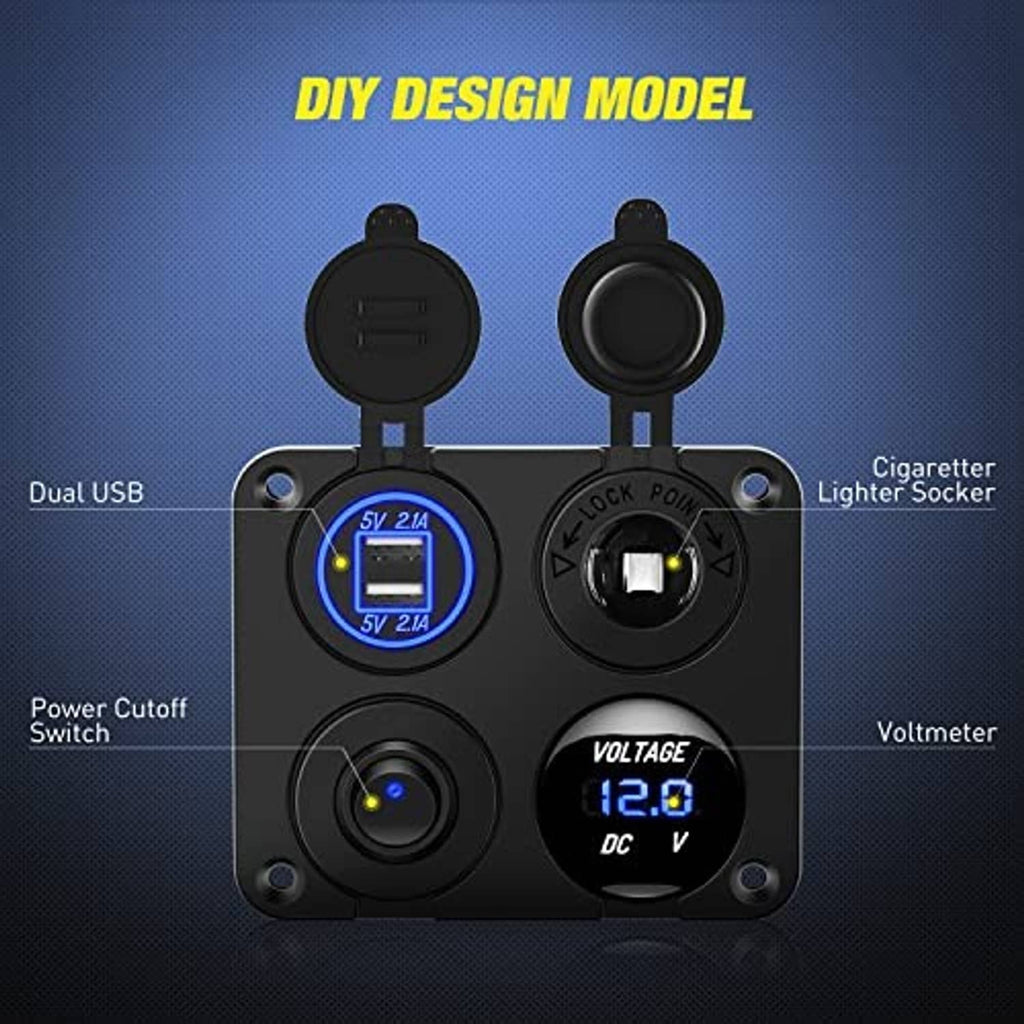 Black car charger panel with dual USB ports, cigarette lighter socket, cutoff switch, voltmeter
