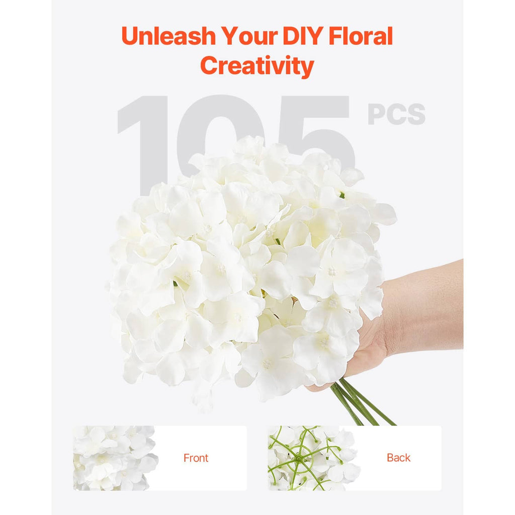 Artificial white hydrangea bouquet held in hand with green stems