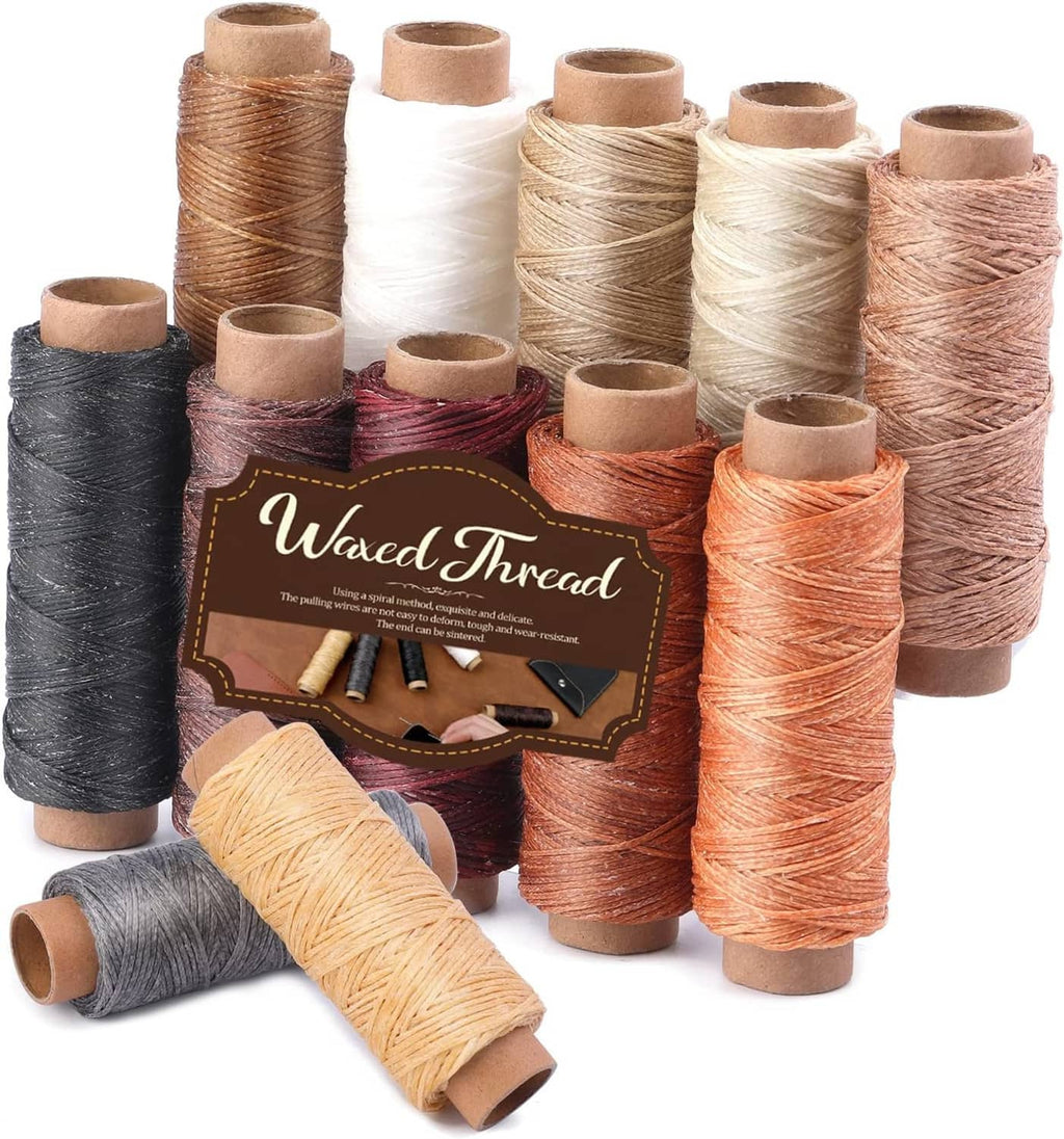 Assorted waxed leather sewing thread spools in dark gray, tan, brown, and white
