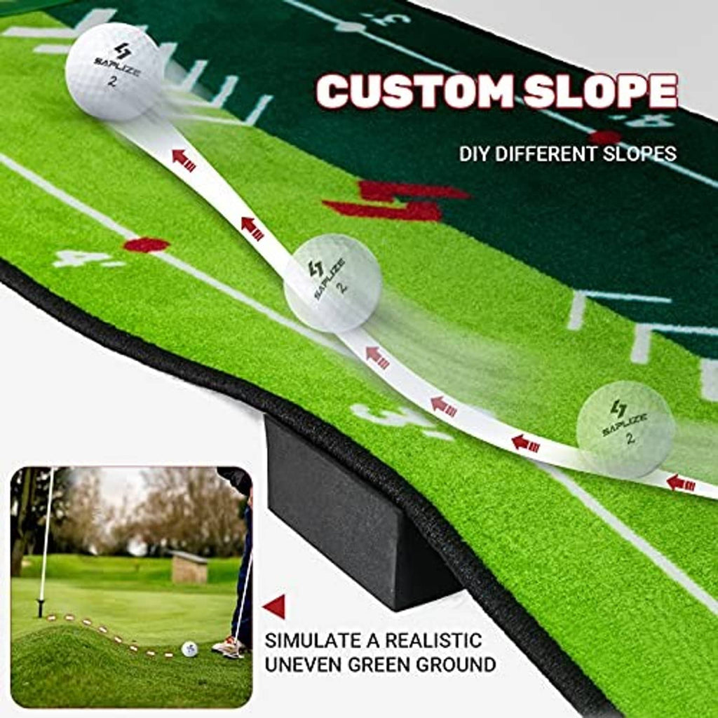 Green putting mat with custom slope training surface and raised edge trim