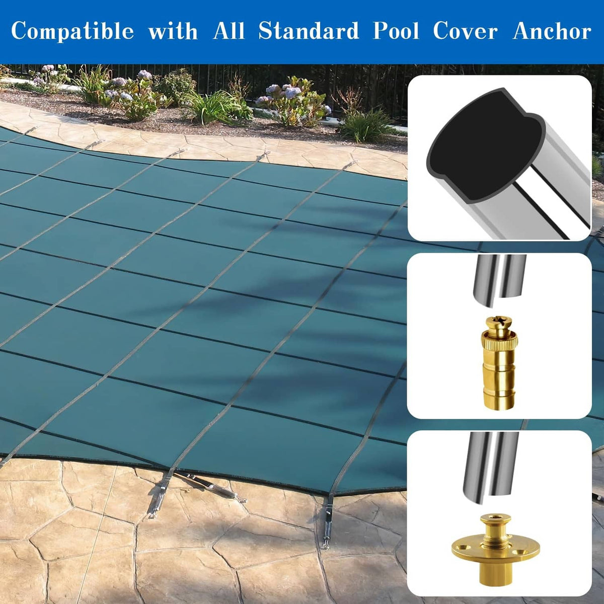 Silver pool cover tool with black head and gold anchor connector components