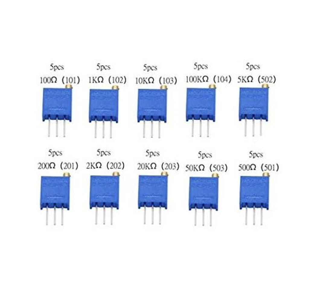 Blue multiturn trimmer potentiometers showing printed resistance value labels