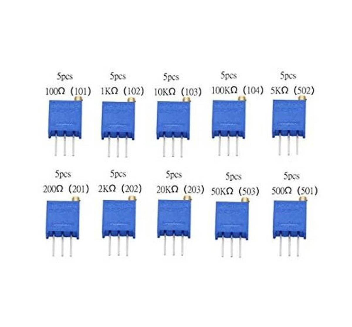 Blue multiturn trimmer potentiometers showing printed resistance value labels