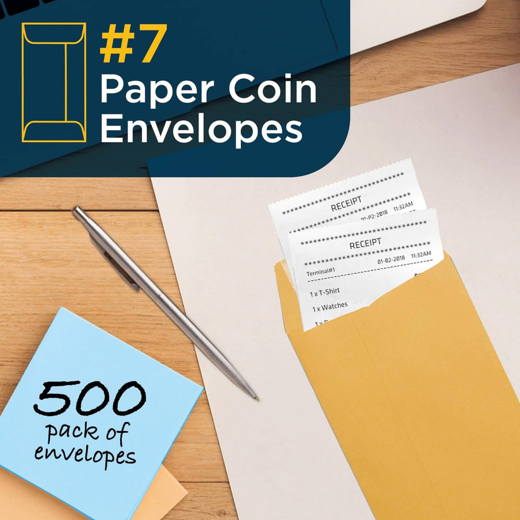 Brown gummed paper coin envelopes, 500-pack with receipt-style insert