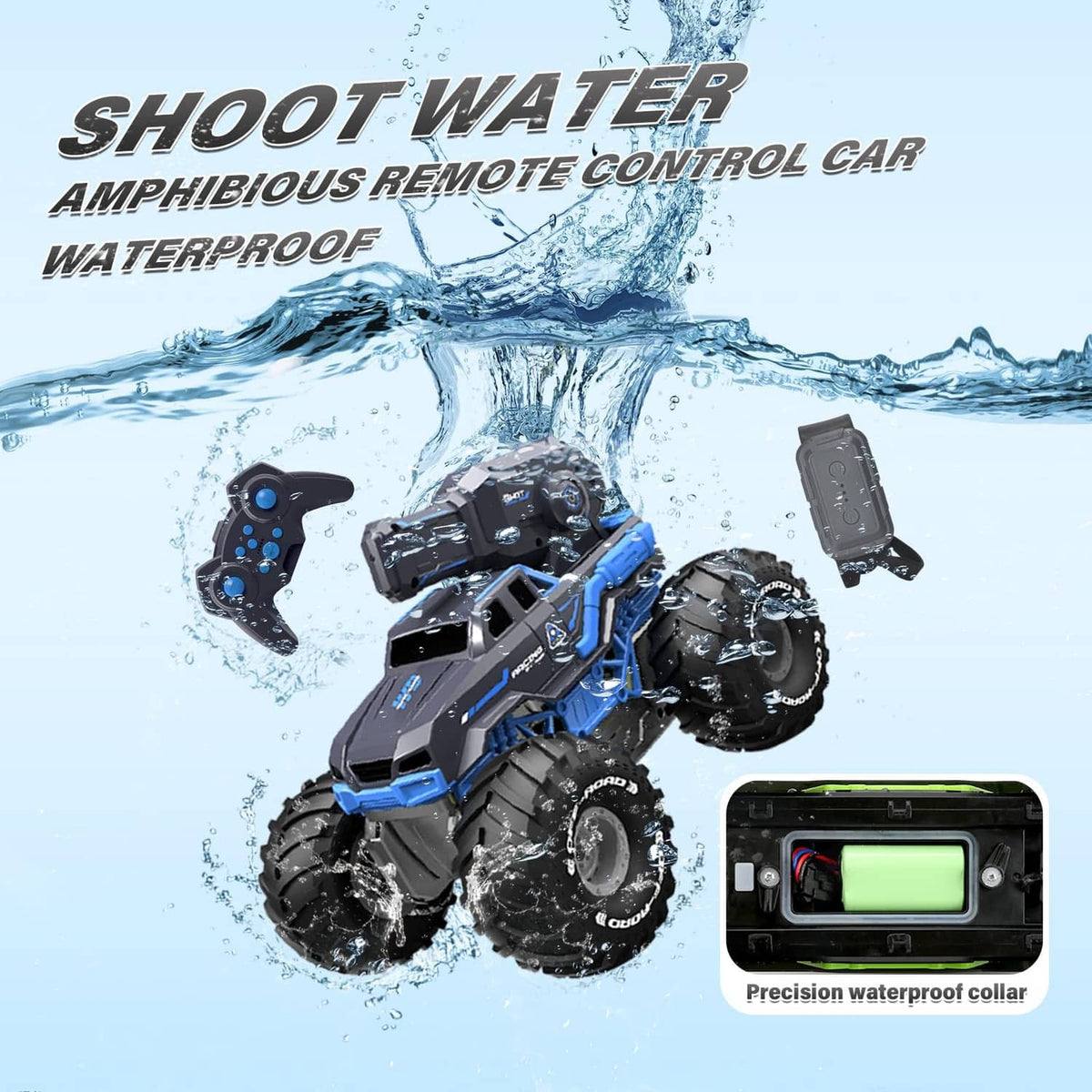 Blue and black waterproof RC amphibious truck with remote controls, shown with water spray