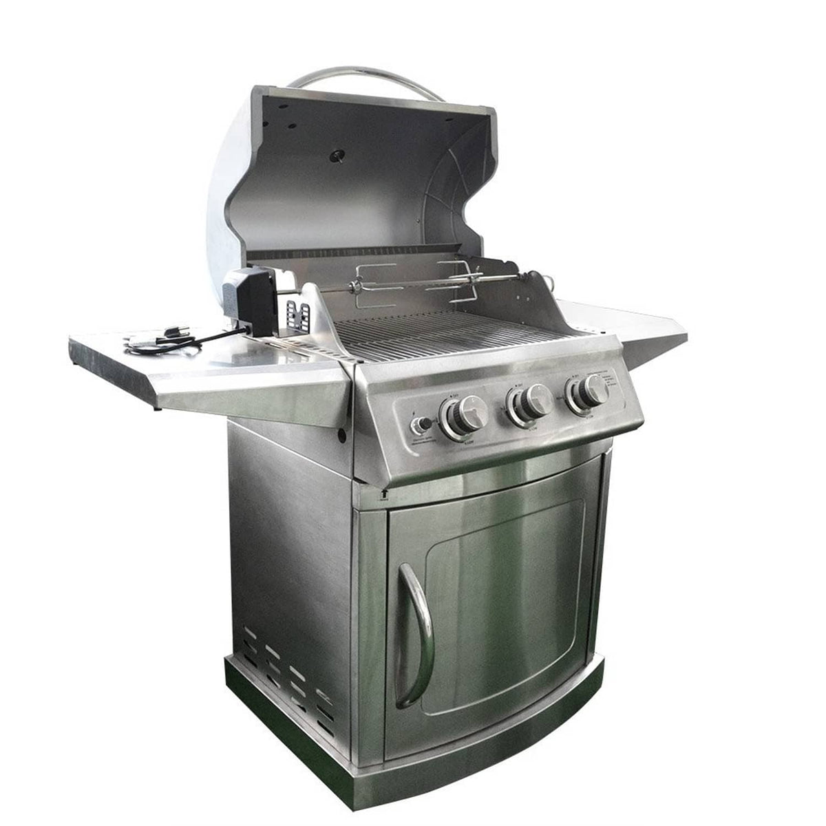 Stainless steel barbecue grill with open lid and control knobs