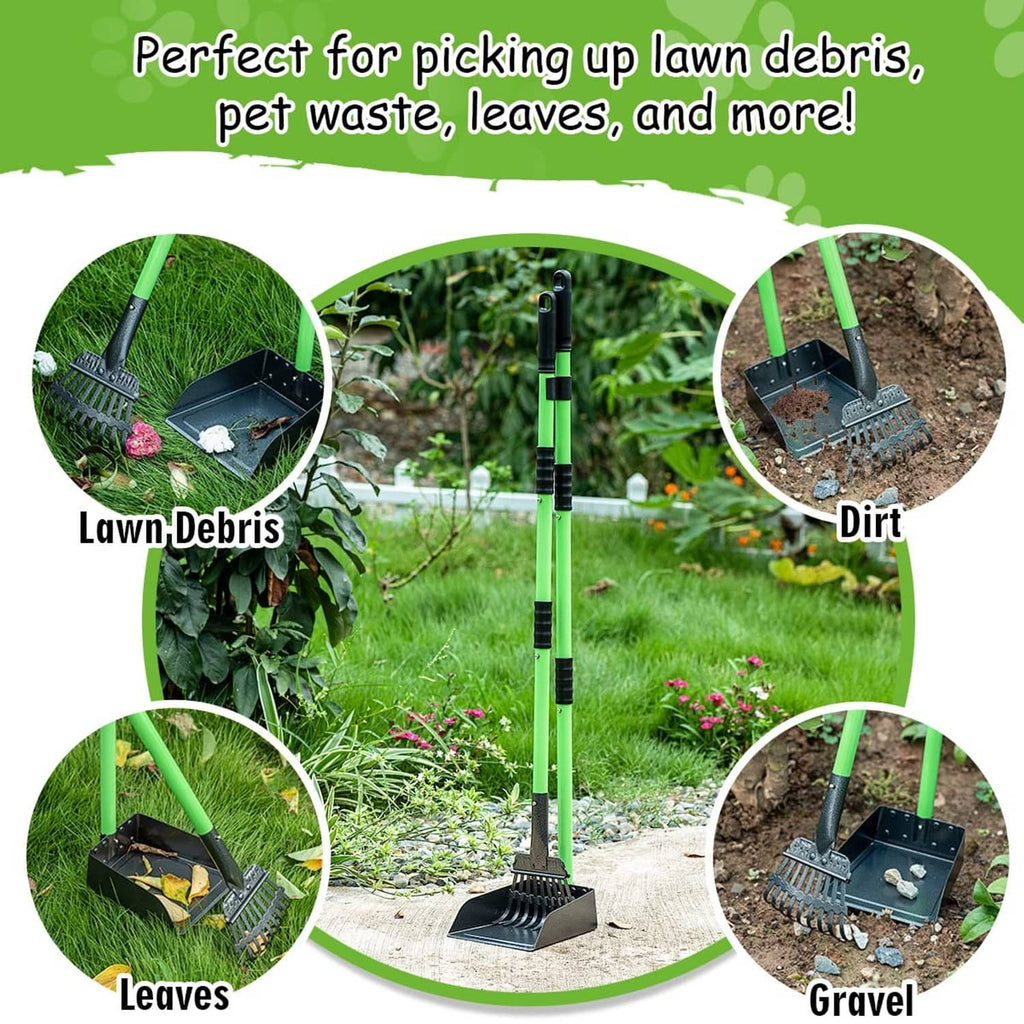 Dog pooper scooper with green handle and black rake tray for yard debris cleanup