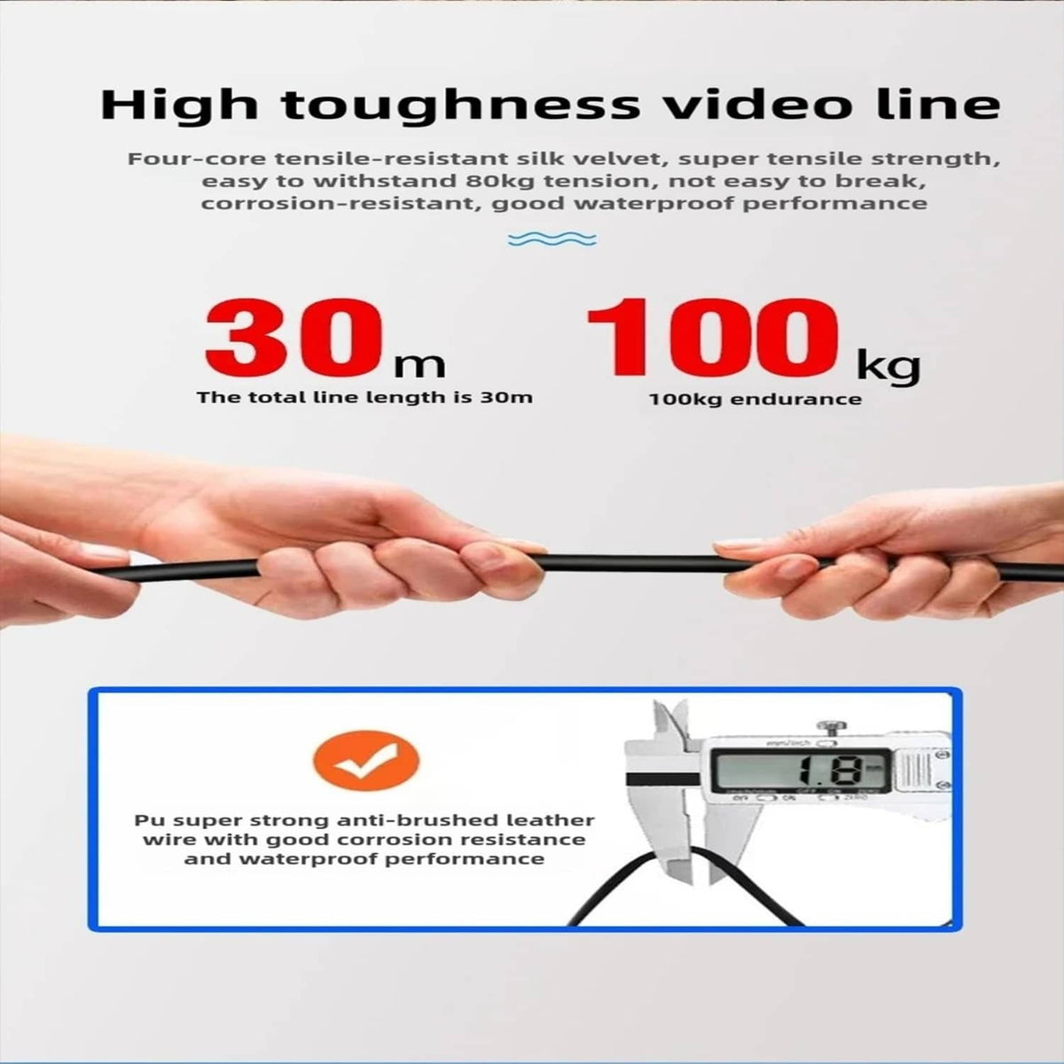 30 m underwater fishing camera cable with hands holding the line