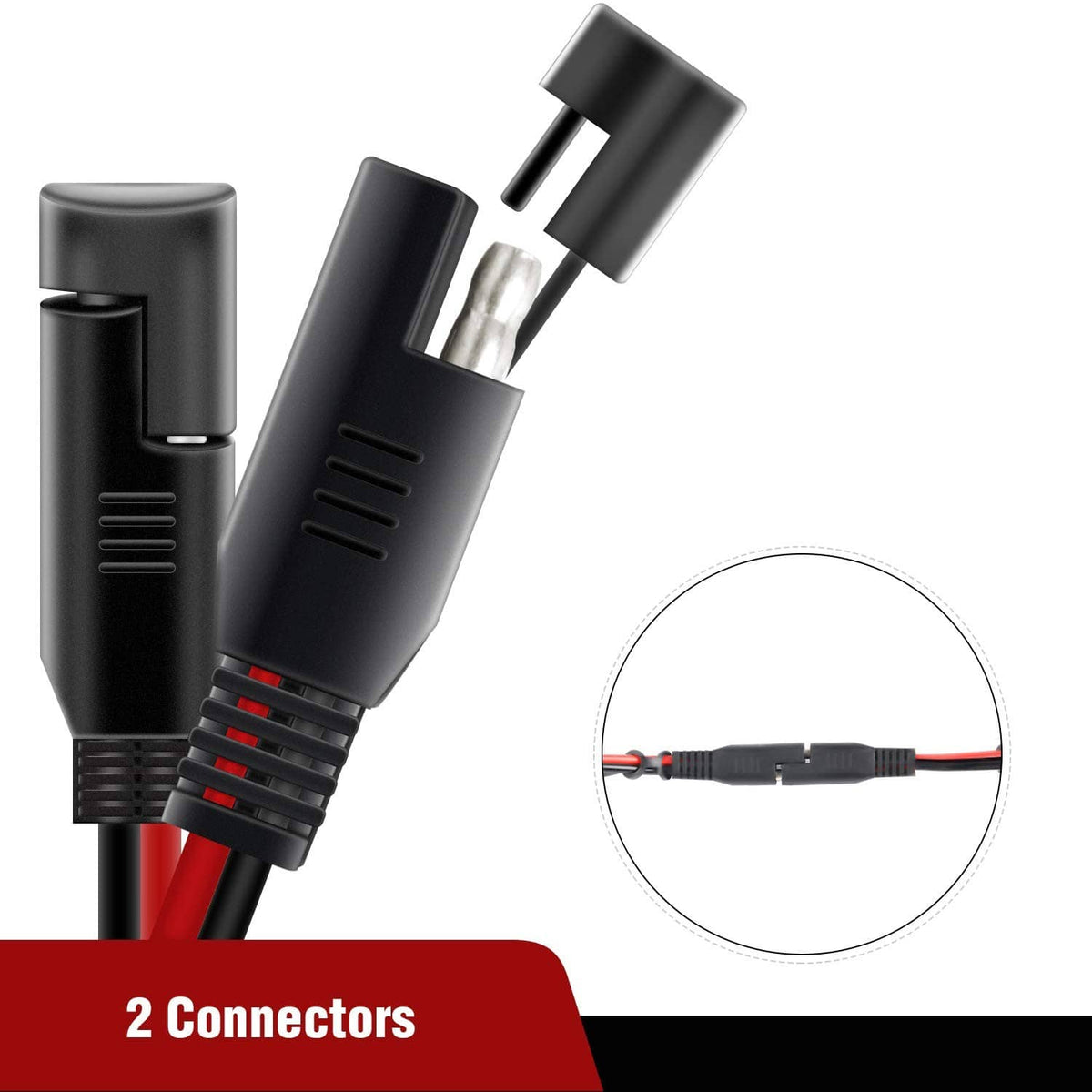Pair of black SAE connectors for extension cable with red wire leads, dual tips