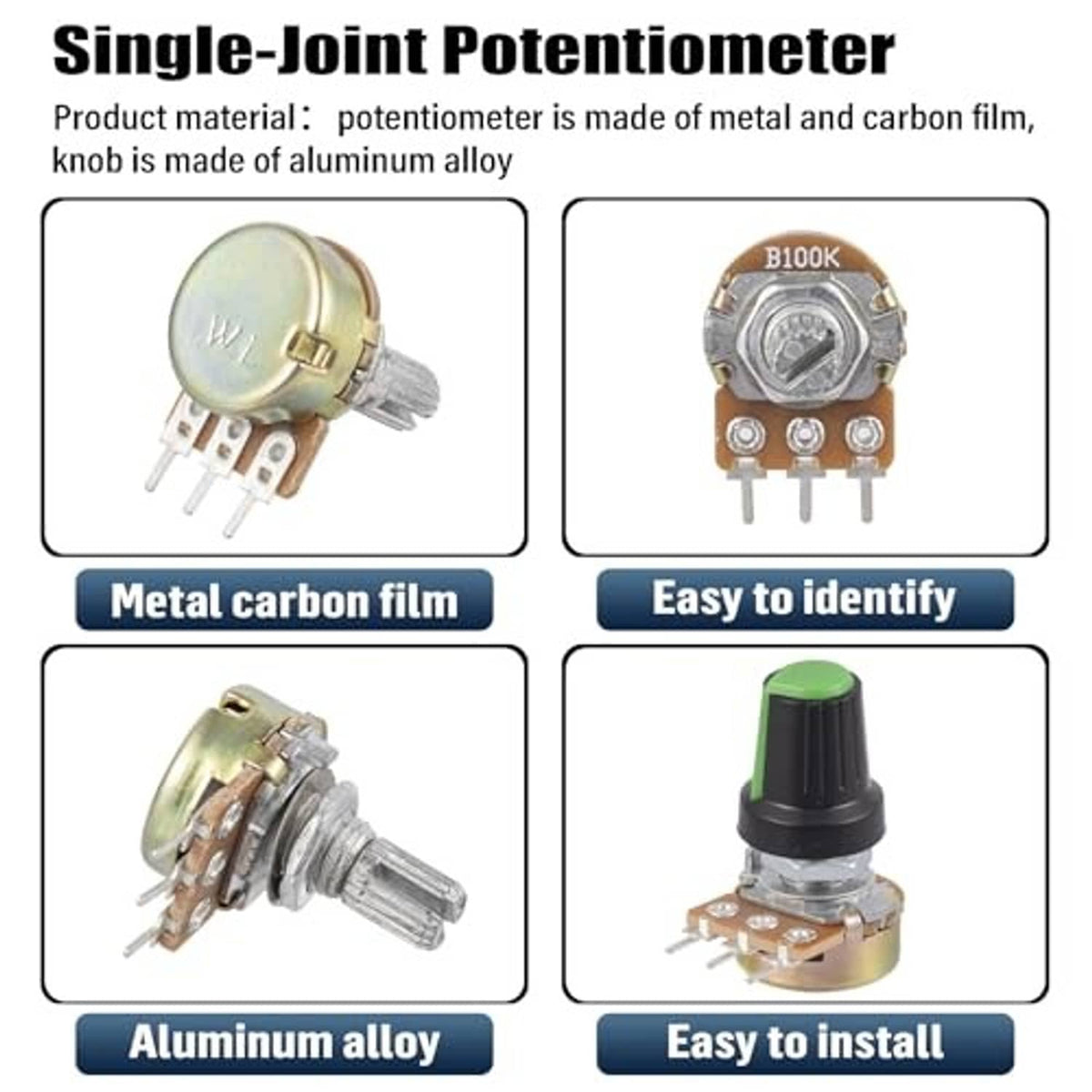 Single-joint potentiometer with metal carbon film and aluminum alloy knob