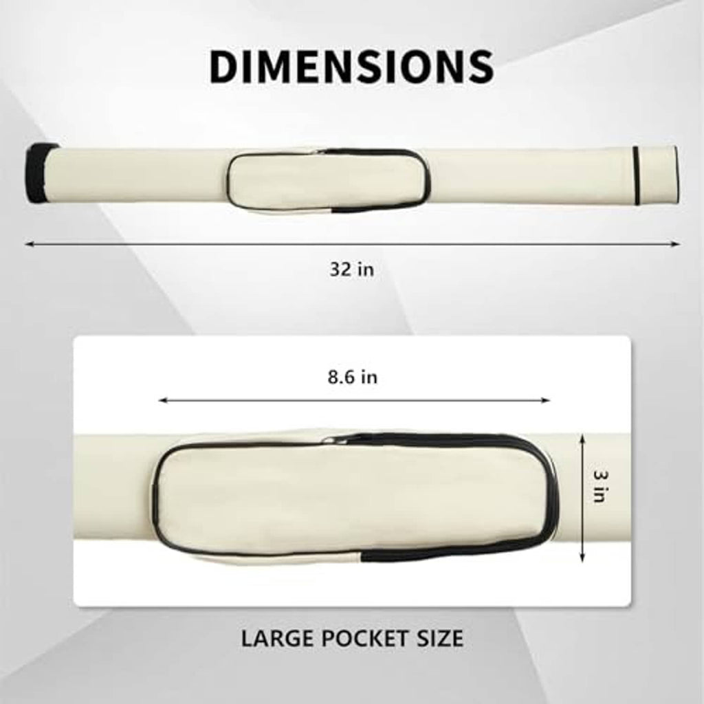 Cream cue case tube with black zipper, shown with length and pocket size