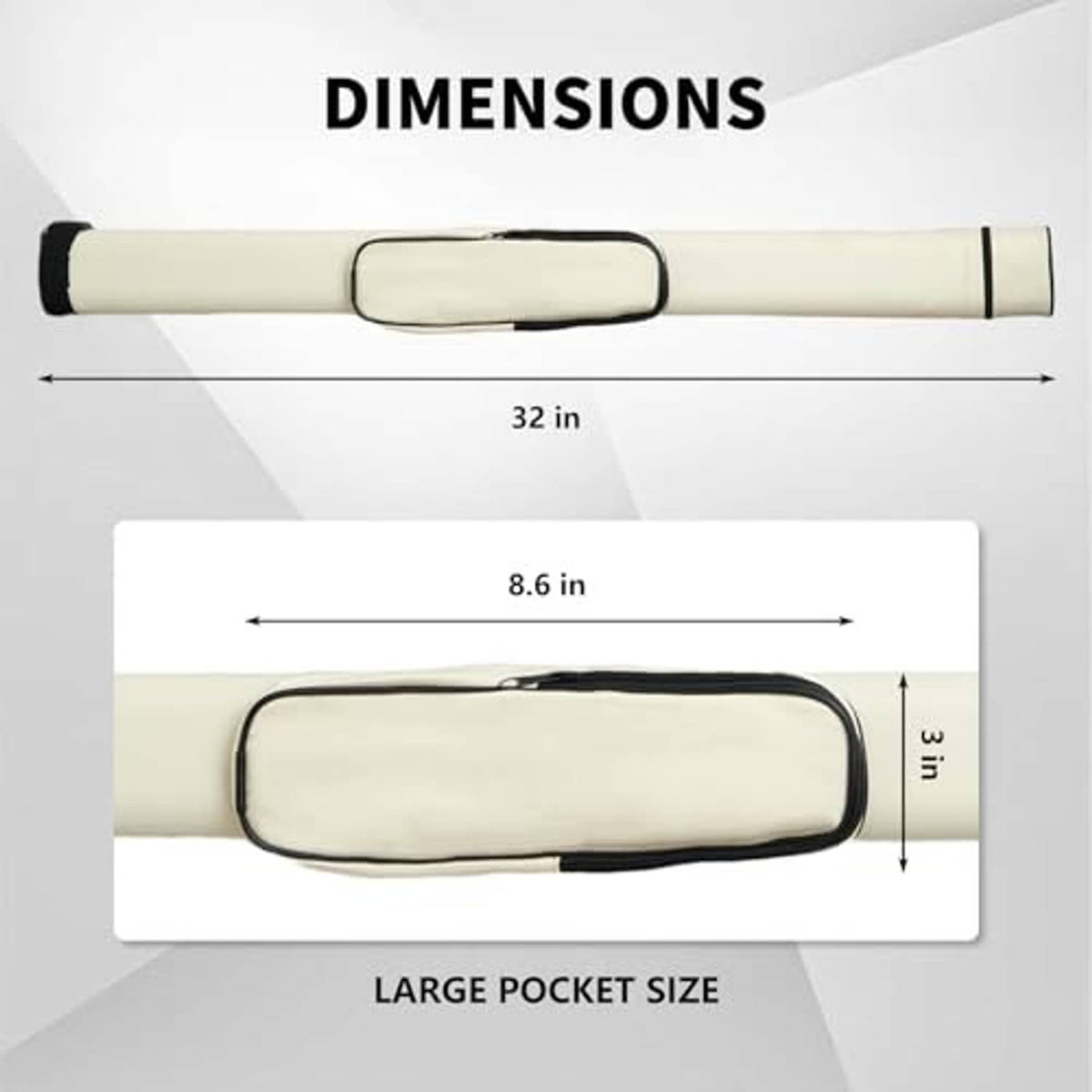 Cream cue case tube with black zipper, shown with length and pocket size