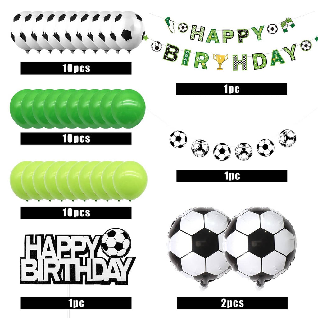 Soccer birthday balloon quantity and size layout with green balloons and black-and-white ball balloons