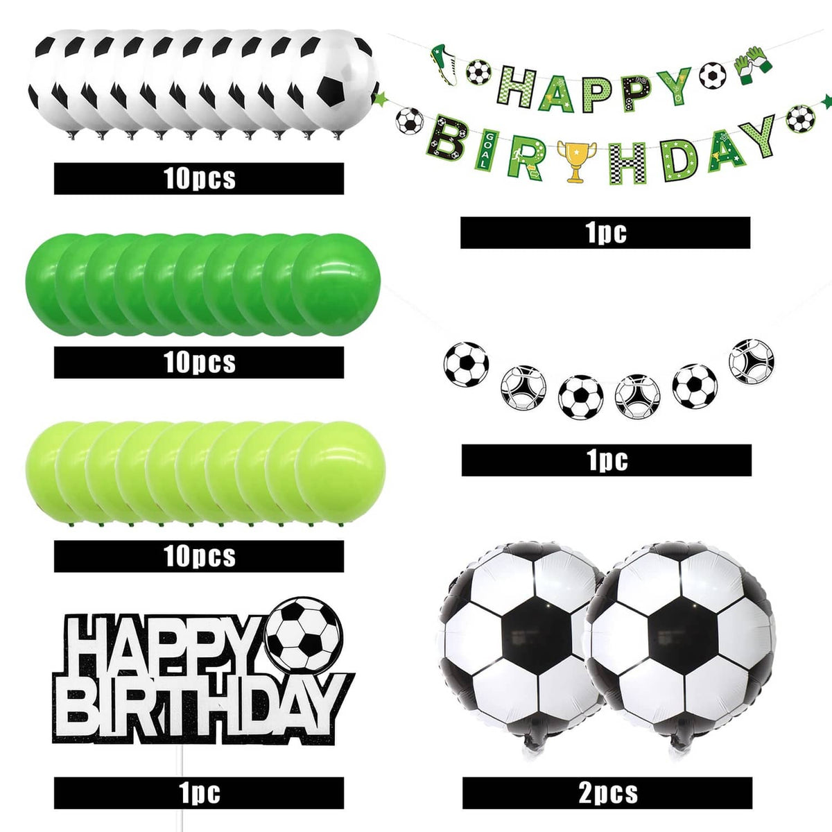 Soccer birthday balloon quantity and size layout with green balloons and black-and-white ball balloons