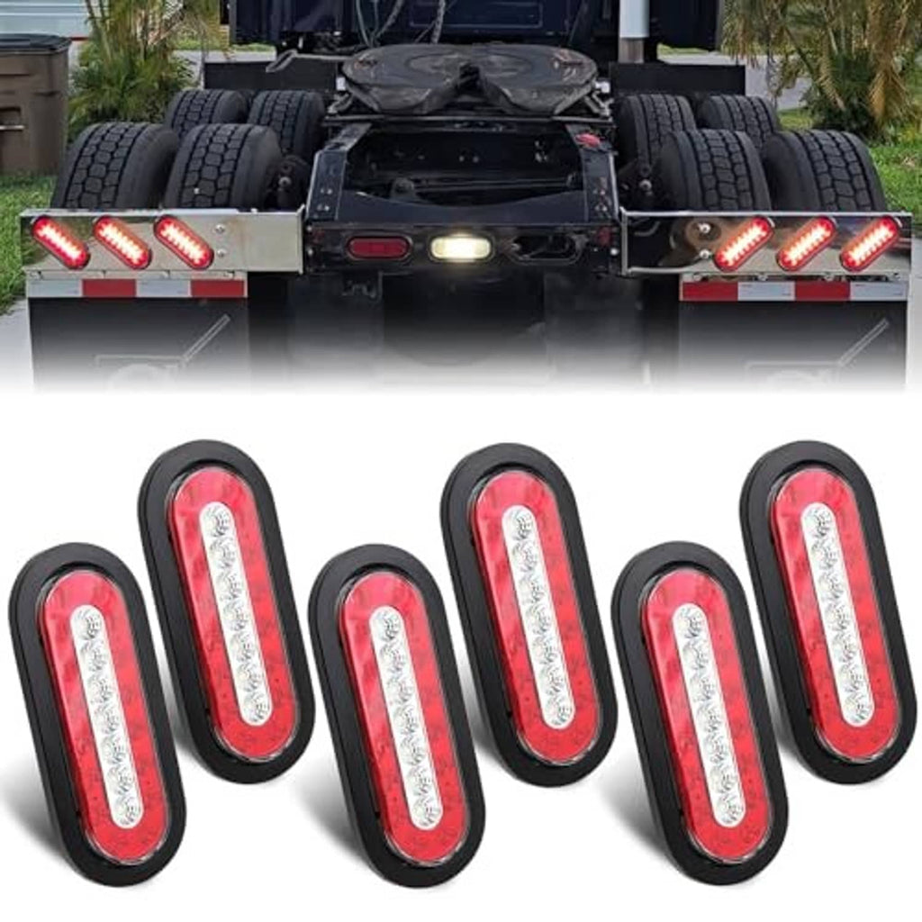 Set of six oval LED trailer tail lights, red lens with white LED interior strip
