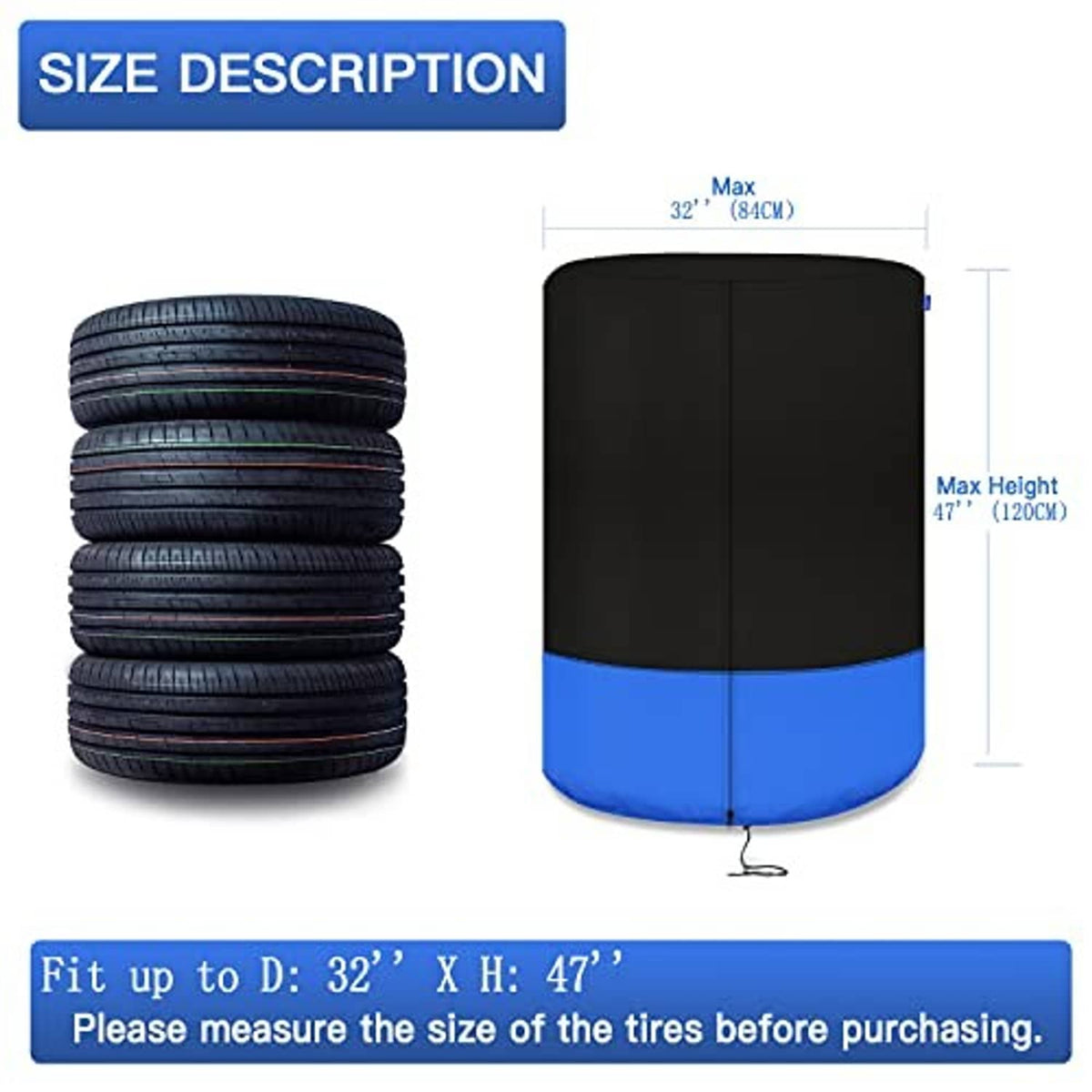 Large tire cover shown with stacked tires; black top and blue bottom with drawstring