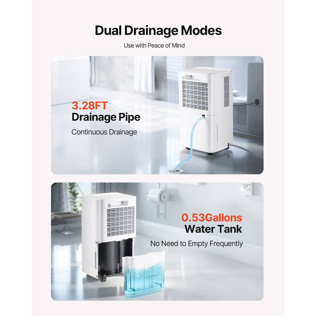 White dehumidifier showing dual drainage pipe and internal water tank