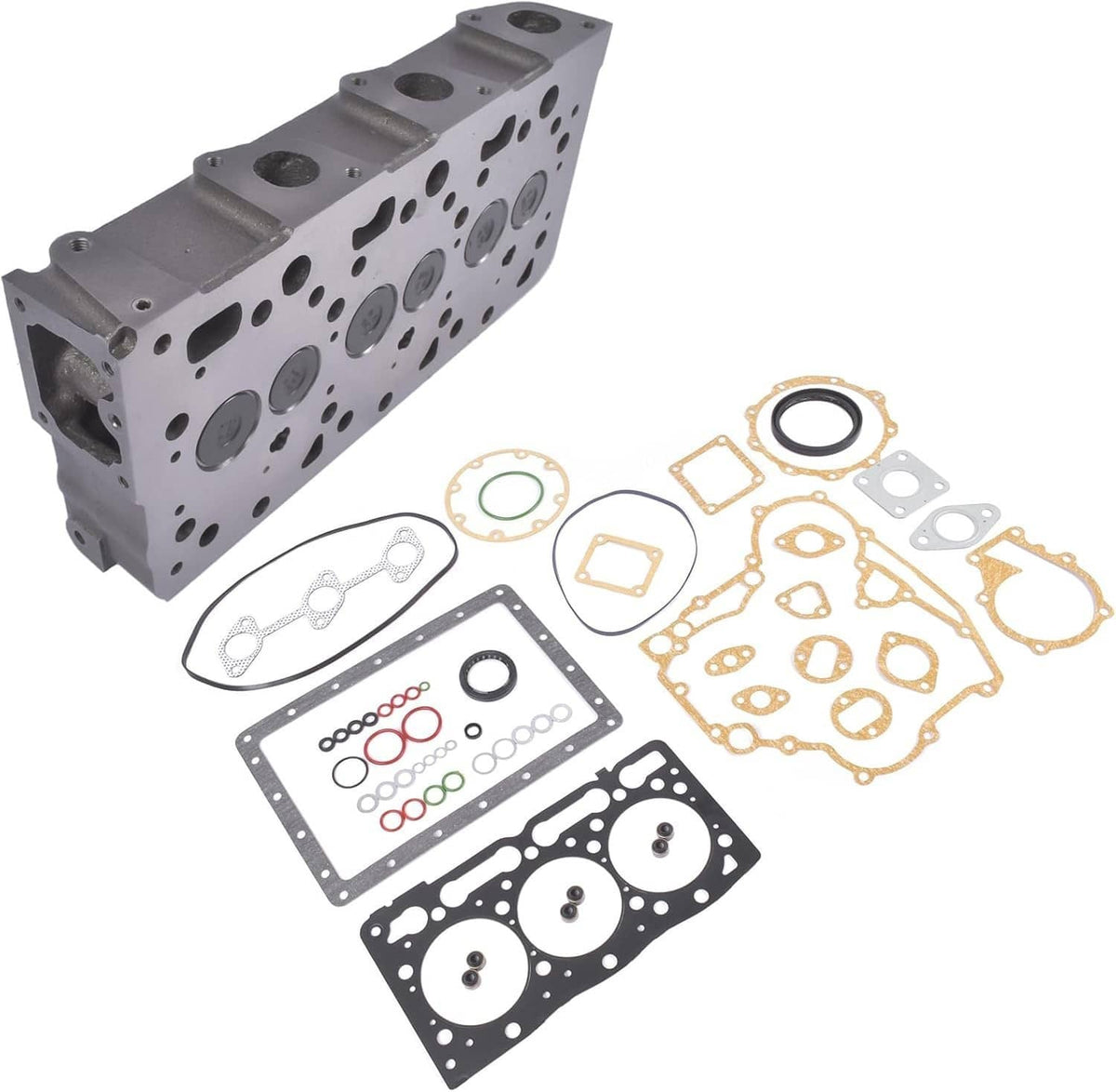 Cylinder head angled view with gasket set arranged around the engine component