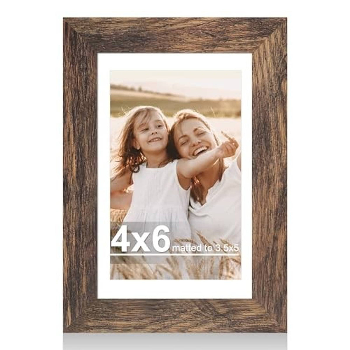 Rustic brown 4x6 picture frame with glass and white mat, 3.5x5 photo