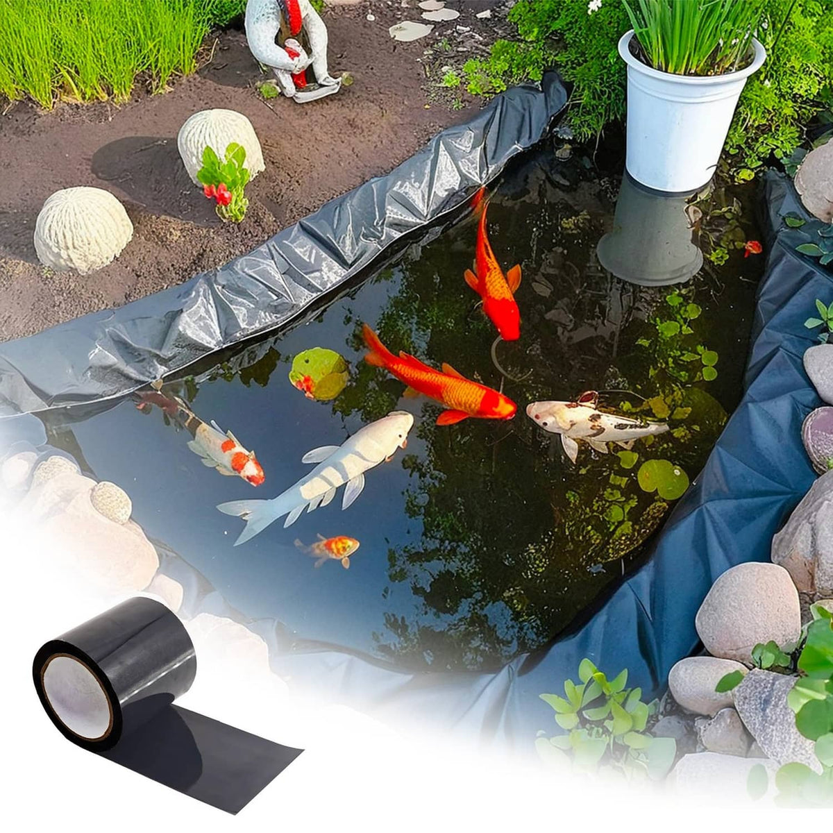 Black waterproof seam tape roll with unrolled strip for pond liner repair