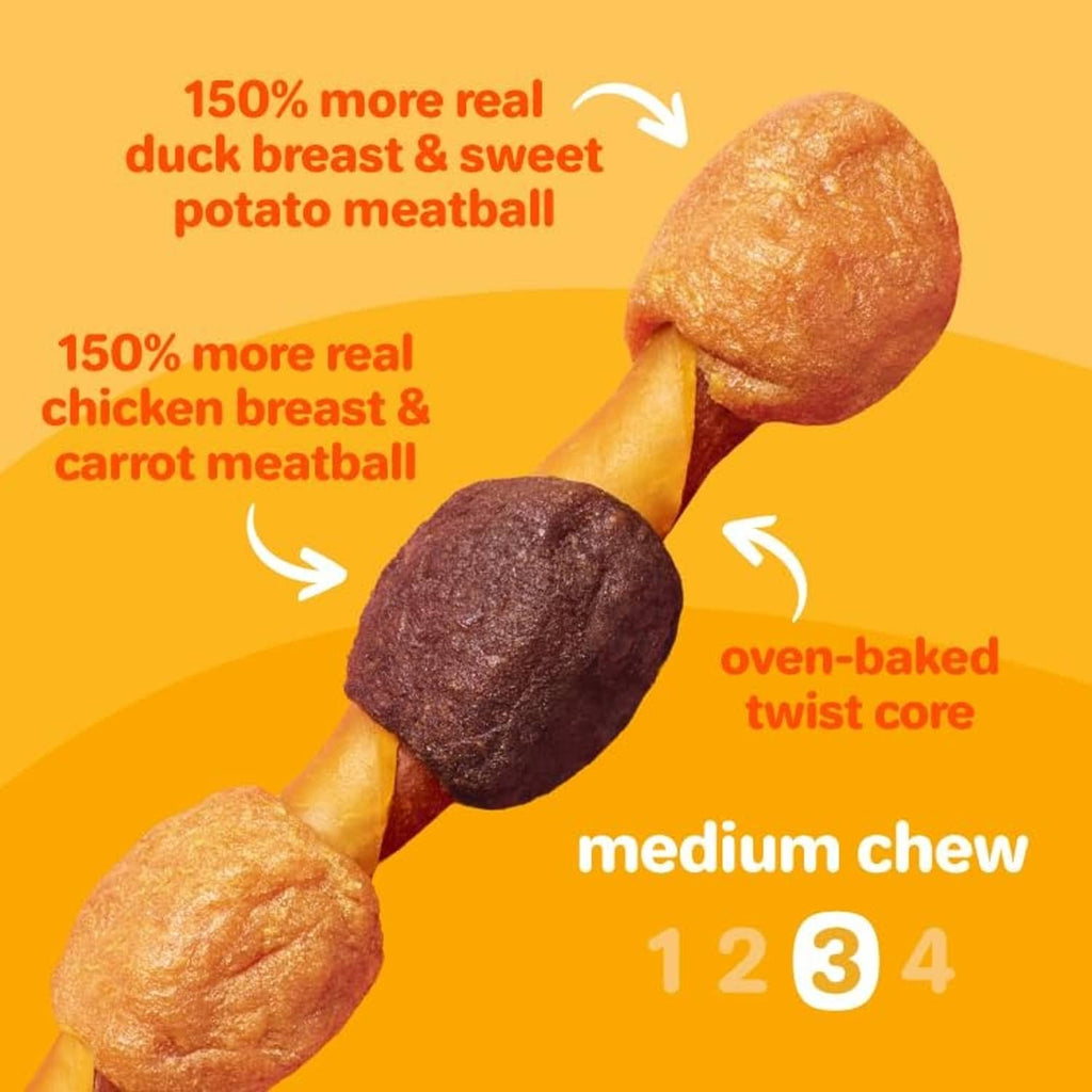 Dog chew kabob twist-core treats with meatball and sausage pieces