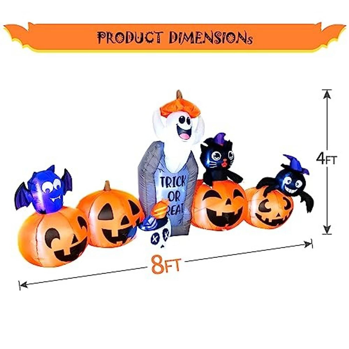 8-foot Halloween inflatable set diagram: ghost, black cat, and jack-o'-lantern pumpkins