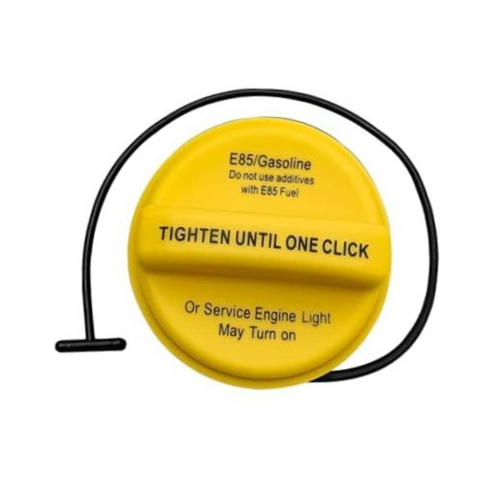 Yellow fuel tank filler cap with black tether and E85/Gasoline warning text