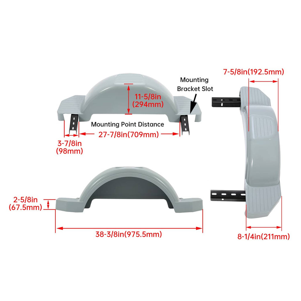 Light gray trailer fenders with ribbed step pads and black steel mounting brackets